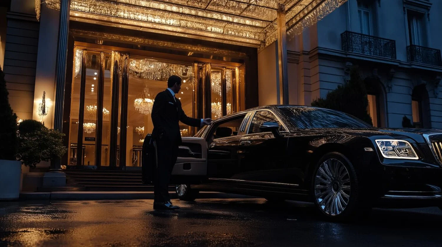 Chauffeur holding the door of a black luxury Mercedes outside an executive venue